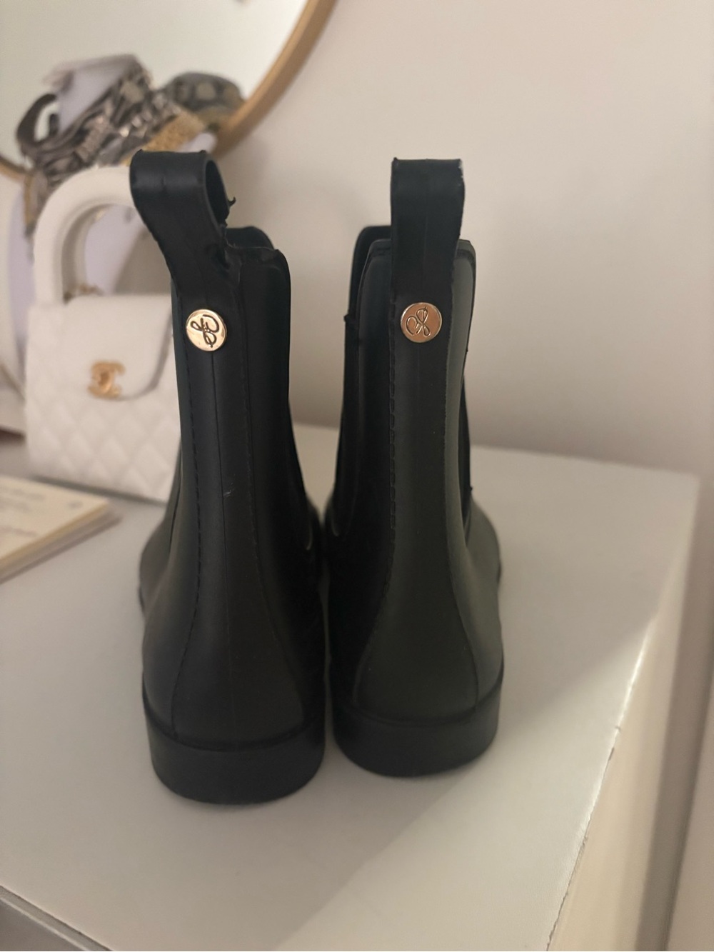 Sam Edelman Black Chelsea Rain Boots with Gold Logo
